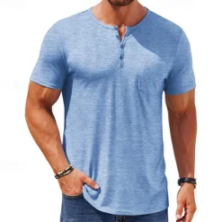 OUKU Men's T Shirt Henley Shirt Tee Short Sleeve Shirt Short Sleeve Henley Summer Color Block Fashion Designer Basic Buttons Vacation Street Going out Black White Blue Top Tee for Men