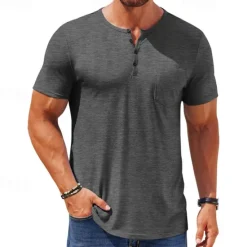 OUKU Men's T Shirt Henley Shirt Tee Short Sleeve Shirt Short Sleeve Henley Summer Color Block Fashion Designer Basic Buttons Vacation Street Going out Black White Blue Top Tee for Men