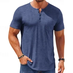 OUKU Men's T Shirt Henley Shirt Tee Short Sleeve Shirt Short Sleeve Henley Summer Color Block Fashion Designer Basic Buttons Vacation Street Going out Black White Blue Top Tee for Men