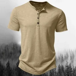 OUKU Men's T Shirt Henley Shirt Tee Top Short Sleeves Plain Designer Basic Modern Contemporary Buttons Henley Vacation Street Going out Summer Wine Black White Henley T-Shirt