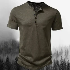 OUKU Men's T Shirt Henley Shirt Tee Top Short Sleeves Plain Designer Basic Modern Contemporary Buttons Henley Vacation Street Going out Summer Wine Black White Henley T-Shirt
