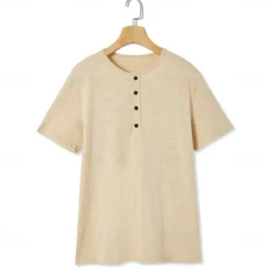 OUKU Men's T Shirt Henley Shirt Tee Top Short Sleeves Plain Designer Basic Modern Contemporary Buttons Henley Vacation Street Going out Summer Wine Black White Henley T-Shirt