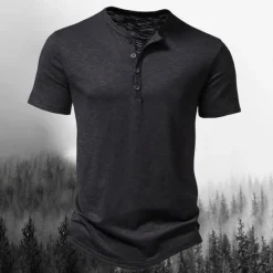 OUKU Men's T Shirt Henley Shirt Tee Top Short Sleeves Plain Designer Basic Modern Contemporary Buttons Henley Vacation Street Going out Summer Wine Black White Henley T-Shirt