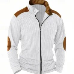 Discount OUKU Men's T Shirt Jacket Waffle Knit Tee Tee Top Long Sleeve Standing Collar Spring & Fall Color Block Fashion Designer Basic Zip Up Patchwork Vacation Street Going out White Blue Khaki Top Tee for Men