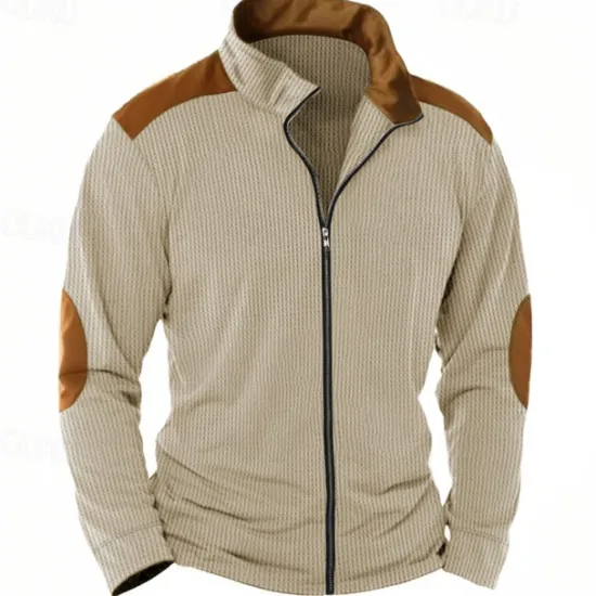 Discount OUKU Men's T Shirt Jacket Waffle Knit Tee Tee Top Long Sleeve Standing Collar Spring & Fall Color Block Fashion Designer Basic Zip Up Patchwork Vacation Street Going out White Blue Khaki Top Tee for Men