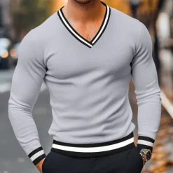 Best OUKU Men's T Shirt Knit Tee Long Sleeve V Neck Winter Spring & Fall Solid Color Knitwear V Neck Casual Daily Black White Yellow Top Tee for Men