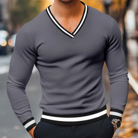 Best OUKU Men's T Shirt Knit Tee Long Sleeve V Neck Winter Spring & Fall Solid Color Knitwear V Neck Casual Daily Black White Yellow Top Tee for Men