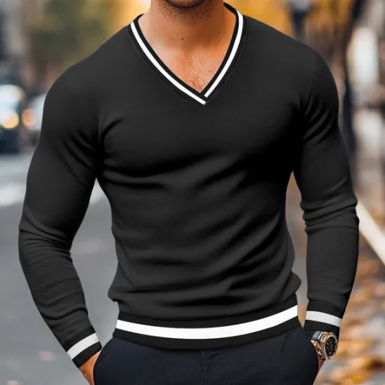 Best OUKU Men's T Shirt Knit Tee Long Sleeve V Neck Winter Spring & Fall Solid Color Knitwear V Neck Casual Daily Black White Yellow Top Tee for Men