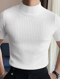 Outlet OUKU Men's T Shirt Knit Tee Tee Top Mock Turtleneck Short Sleeves Turtleneck Summer Plain Fashion Designer Basic Knitting Vacation Street Going out Black White Coffee Top Tee for Men