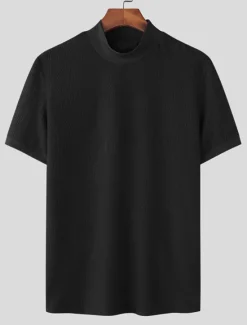 Outlet OUKU Men's T Shirt Knit Tee Tee Top Mock Turtleneck Short Sleeves Turtleneck Summer Plain Fashion Designer Basic Knitting Vacation Street Going out Black White Coffee Top Tee for Men