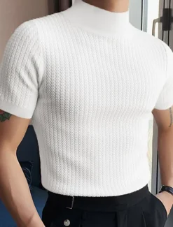Outlet OUKU Men's T Shirt Knit Tee Tee Top Mock Turtleneck Short Sleeves Turtleneck Summer Plain Fashion Designer Basic Knitting Vacation Street Going out Black White Coffee Top Tee for Men