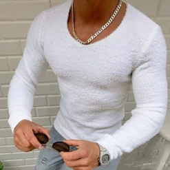 Outlet OUKU Men's T Shirt Long Sleeve Shirt Long Sleeve V Neck Spring, Fall, Winter, Summer Plain Casual Slim Fit Holiday Outdoor Casual Sports Black White Top Tee for Men
