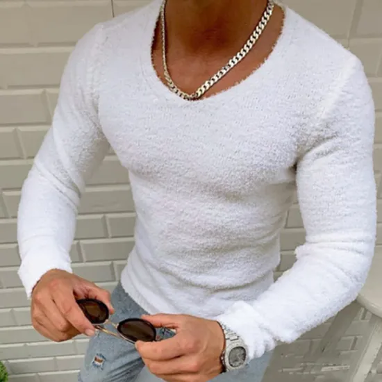 Outlet OUKU Men's T Shirt Long Sleeve Shirt Long Sleeve V Neck Spring, Fall, Winter, Summer Plain Casual Slim Fit Holiday Outdoor Casual Sports Black White Top Tee for Men