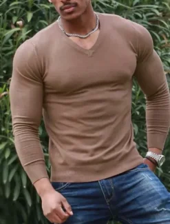 Sale OUKU Men's T Shirt Long Sleeve Shirt Long Sleeve V Neck Spring & Fall Plain Fashion Designer Casual Street Sports Holiday Top Tee for Men Brown