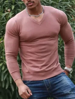 Sale OUKU Men's T Shirt Long Sleeve Shirt Long Sleeve V Neck Spring & Fall Plain Fashion Designer Casual Street Sports Holiday Top Tee for Men Brown