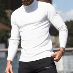 Hot OUKU Men's T Shirt Long Sleeve Shirt Mock Turtleneck Long Sleeve Rolled collar Spring & Fall Plain Fashion Designer Casual Street Sports Holiday Black White Green Top Tee for Men