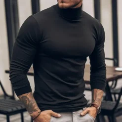 Hot OUKU Men's T Shirt Long Sleeve Shirt Mock Turtleneck Long Sleeve Rolled collar Spring & Fall Plain Fashion Designer Casual Street Sports Holiday Black White Green Top Tee for Men