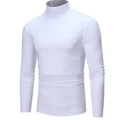 Online OUKU Men's T Shirt Long Sleeve Shirt Mock Turtleneck Long Sleeve Rolled collar Plain Vintage Essential Street Black White Navy Blue Top Tee for Men