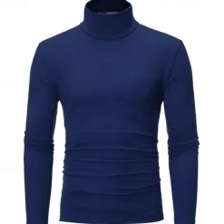 Online OUKU Men's T Shirt Long Sleeve Shirt Mock Turtleneck Long Sleeve Rolled collar Plain Vintage Essential Street Black White Navy Blue Top Tee for Men