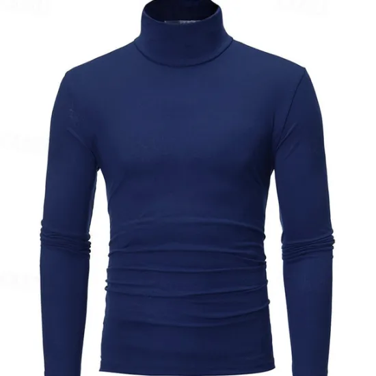 Online OUKU Men's T Shirt Long Sleeve Shirt Mock Turtleneck Long Sleeve Rolled collar Plain Vintage Essential Street Black White Navy Blue Top Tee for Men
