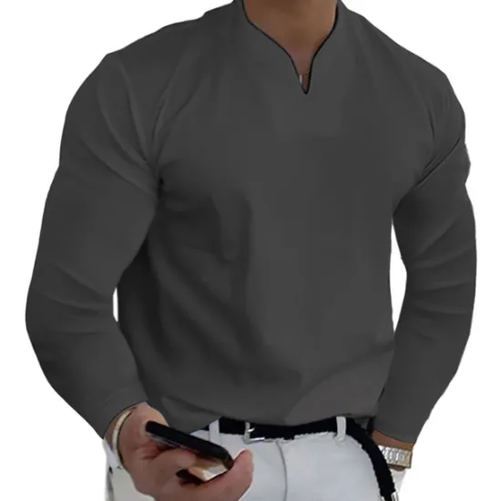 Outlet OUKU Men's T Shirt Long Sleeve Shirt Long Sleeve V Neck Spring & Fall Plain Fashion Designer Casual Street Sports Holiday Black White Gray Top Tee for Men