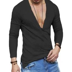 Clearance OUKU Men's T Shirt Long Sleeve Shirt Long Sleeve V Neck Summer Plain Sports Fashion Lightweight Vacation Casual Holiday Black White Navy Blue Top Tee for Men