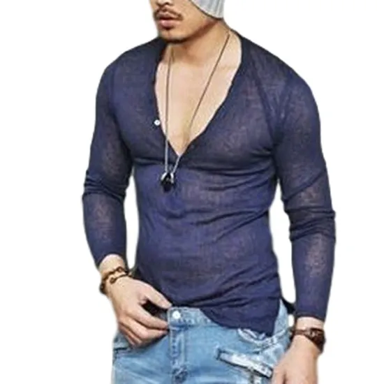 Clearance OUKU Men's T Shirt Long Sleeve Shirt Long Sleeve V Neck Summer Plain Sports Fashion Lightweight Vacation Casual Holiday Black White Navy Blue Top Tee for Men