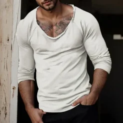 Best OUKU Men's T Shirt Long Sleeve Shirt Long Sleeve Crew Neck Spring Fall Winter Fashion Casual Distressed Crewneck Training Outdoor Home Black White Green Top Tee for Men