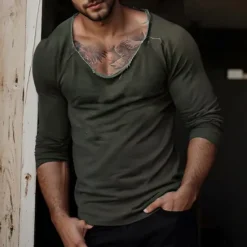 Best OUKU Men's T Shirt Long Sleeve Shirt Long Sleeve Crew Neck Spring Fall Winter Fashion Casual Distressed Crewneck Training Outdoor Home Black White Green Top Tee for Men