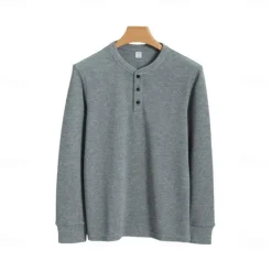 Hot OUKU Men's T Shirt Long Sleeve Solid Neutral Daily Casual Button Up Henley School Home Work All Seasons Deep Green Dark Grey Black Henley T-Shirt