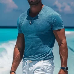 OUKU Men's T Shirt Moisture Wicking Shirts Bamboo T-shirt Short Sleeve V Neck Plain Sports Basic Casual Casual Light Blue Black White Top Tee for Men