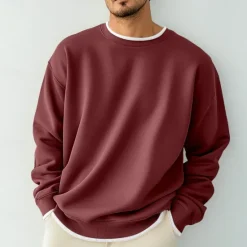 Best OUKU Men's T Shirt Oversized Shirt Tee Top Long Sleeve Shirt Long Sleeve Crew Neck Spring & Fall Solid Color Daily Casual Street Style Fake two piece Rib Hem Outdoor Street Causal Black Gray Wine Top Tee