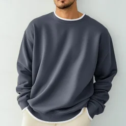 Best OUKU Men's T Shirt Oversized Shirt Tee Top Long Sleeve Shirt Long Sleeve Crew Neck Spring & Fall Solid Color Daily Casual Street Style Fake two piece Rib Hem Outdoor Street Causal Black Gray Wine Top Tee