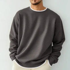Best OUKU Men's T Shirt Oversized Shirt Tee Top Long Sleeve Shirt Long Sleeve Crew Neck Spring & Fall Solid Color Daily Casual Street Style Fake two piece Rib Hem Outdoor Street Causal Black Gray Wine Top Tee