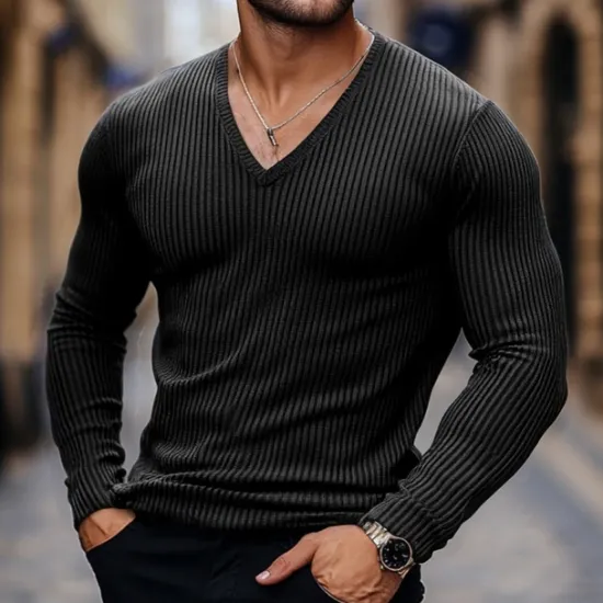Sale OUKU Men's T Shirt Ribbed Knit tee Tee Top Long Sleeve V Neck Summer Plain Pit Strip Fashion Designer Basic V Neck Vacation Street Going out Black White Top Tee for Men