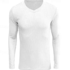 Sale OUKU Men's T Shirt Ribbed Knit tee Tee Top Long Sleeve V Neck Summer Plain Pit Strip Fashion Designer Basic V Neck Vacation Street Going out Black White Top Tee for Men