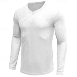 Sale OUKU Men's T Shirt Ribbed Knit tee Tee Top Long Sleeve V Neck Summer Plain Pit Strip Fashion Designer Basic V Neck Vacation Street Going out Black White Top Tee for Men