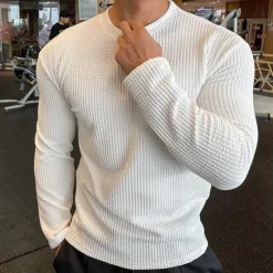 Online OUKU Men's T Shirt Ribbed Knit tee Long Sleeve Crewneck Solid Color Traditional / Vintage Knitted Outdoor Home Sports & Outdoor Dark Grey Black Blue Top Tee for Men