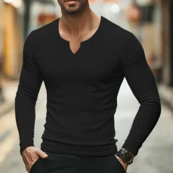 Hot OUKU Men's T Shirt Ribbed Knit tee Tee Top Long Sleeve Shirt Long Sleeve V Neck Summer Spring & Fall Plain Pit Strip Fashion Designer Basic Ribbed Vacation Street Going out Light Blue Black Pink Top Tee