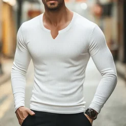 Hot OUKU Men's T Shirt Ribbed Knit tee Tee Top Long Sleeve Shirt Long Sleeve V Neck Summer Spring & Fall Plain Pit Strip Fashion Designer Basic Ribbed Vacation Street Going out Light Blue Black Pink Top Tee
