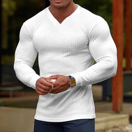 Outlet OUKU Men's T Shirt Ribbed Knit tee Tee Top Long Sleeve V Neck Summer Plain Pit Strip Fashion Designer Basic Vacation Street Going out Wine Black White Top Tee for Men