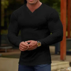 Outlet OUKU Men's T Shirt Ribbed Knit tee Tee Top Long Sleeve V Neck Summer Plain Pit Strip Fashion Designer Basic Vacation Street Going out Wine Black White Top Tee for Men