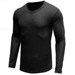 Outlet OUKU Men's T Shirt Ribbed Knit tee Tee Top Long Sleeve V Neck Summer Plain Pit Strip Fashion Designer Basic Vacation Street Going out Wine Black White Top Tee for Men