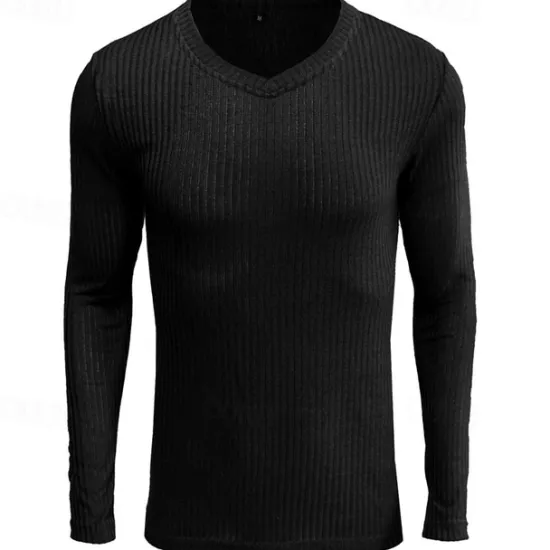 Outlet OUKU Men's T Shirt Ribbed Knit tee Tee Top Long Sleeve V Neck Summer Plain Pit Strip Fashion Designer Basic Vacation Street Going out Wine Black White Top Tee for Men