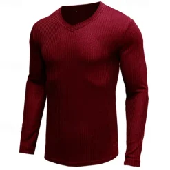 Outlet OUKU Men's T Shirt Ribbed Knit tee Tee Top Long Sleeve V Neck Summer Plain Pit Strip Fashion Designer Basic Vacation Street Going out Wine Black White Top Tee for Men