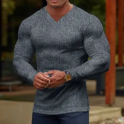 Outlet OUKU Men's T Shirt Ribbed Knit tee Tee Top Long Sleeve V Neck Summer Plain Pit Strip Fashion Designer Basic Vacation Street Going out Wine Black White Top Tee for Men