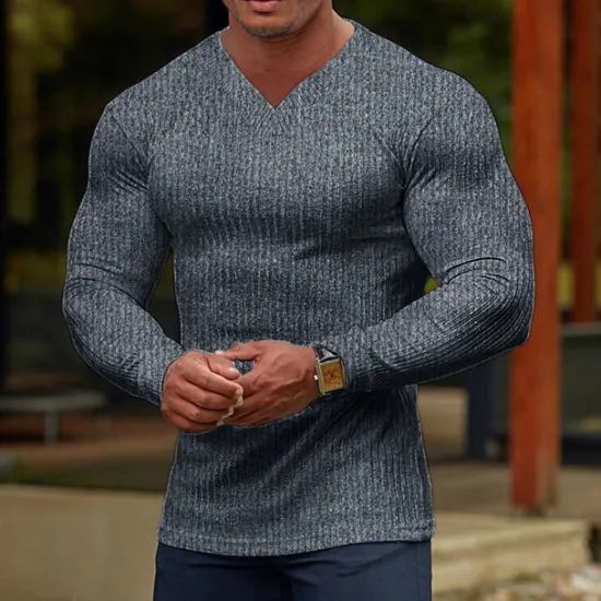 Outlet OUKU Men's T Shirt Ribbed Knit tee Tee Top Long Sleeve V Neck Summer Plain Pit Strip Fashion Designer Basic Vacation Street Going out Wine Black White Top Tee for Men