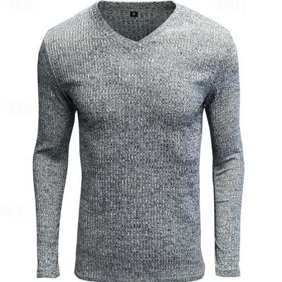 Outlet OUKU Men's T Shirt Ribbed Knit tee Tee Top Long Sleeve V Neck Summer Plain Pit Strip Fashion Designer Basic Vacation Street Going out Wine Black White Top Tee for Men