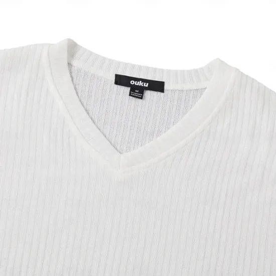 Outlet OUKU Men's T Shirt Ribbed Knit tee Tee Top Long Sleeve V Neck Summer Plain Pit Strip Fashion Designer Basic Vacation Street Going out Wine Black White Top Tee for Men