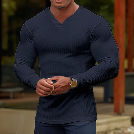 Outlet OUKU Men's T Shirt Ribbed Knit tee Tee Top Long Sleeve V Neck Summer Plain Pit Strip Fashion Designer Basic Vacation Street Going out Wine Black White Top Tee for Men